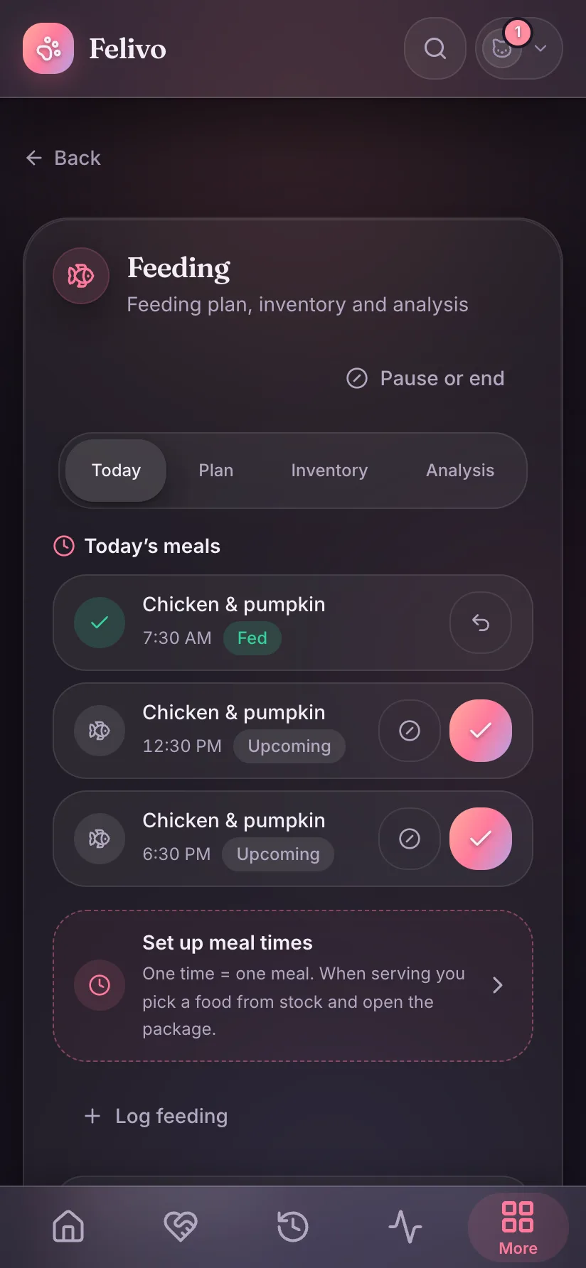 Felivo app - the Feeding view with today's meals, check-offs and a meal schedule