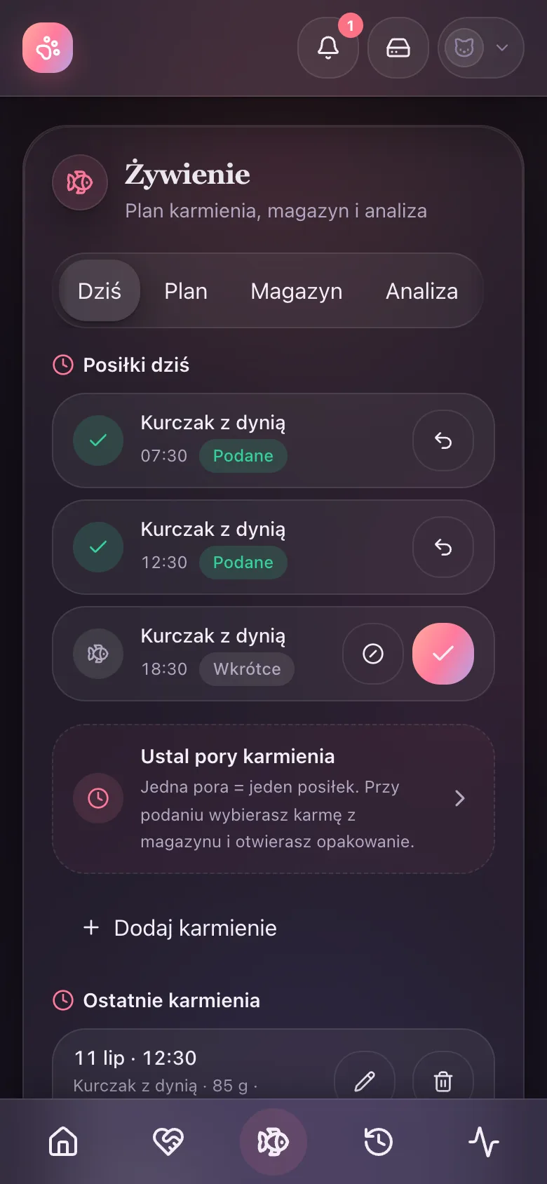 Aplikacja Felivo - widok „Żywienie” z dzisiejszymi posiłkami, odhaczaniem i harmonogramem karmienia