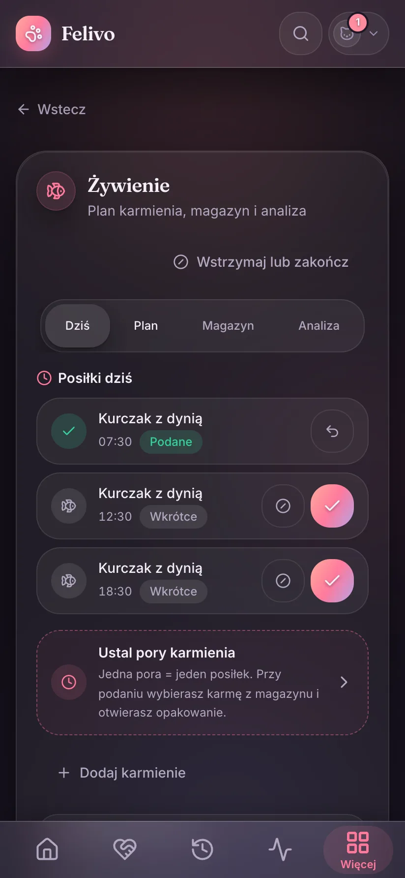 Aplikacja Felivo - widok „Żywienie” z dzisiejszymi posiłkami, odhaczaniem i harmonogramem karmienia